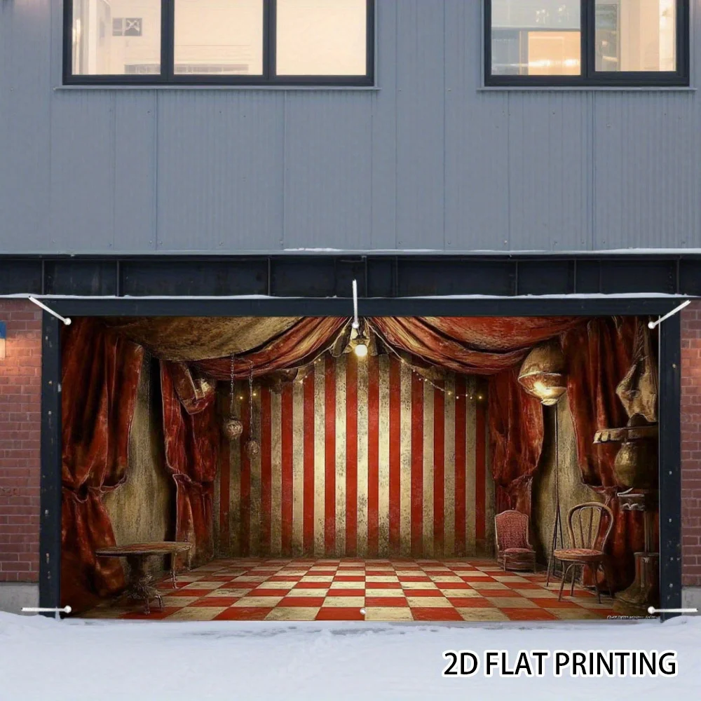 Decoración de puerta de garaje de escenario de circo Retro, pancarta de circo roja y dorada con cortina de escenario, 1 ud.
