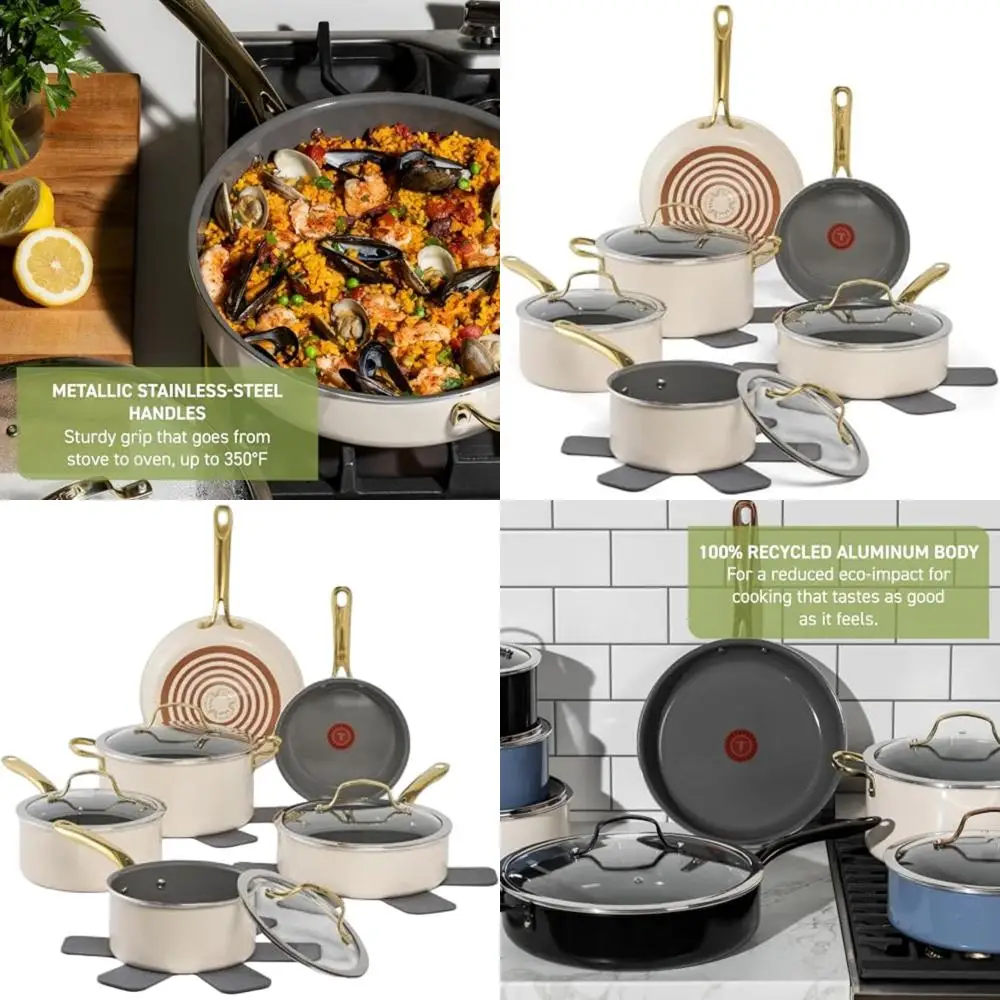 

13-Piece Ceramic Nonstick Cookware Set, Oven & Broiler Safe to 350°F, Beige, with Stockpot, Saucepans, Frying Pans, Protectors