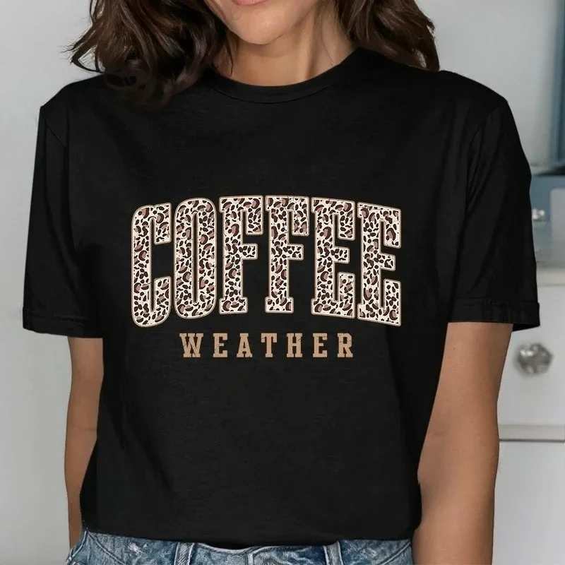 Camiseta con estampado de café y letras a moda camiseta informal versátil de manga corta con cuello redondo para mujer