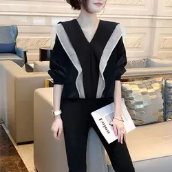 Women's Clothing Solid Color Shirt Korean Loose Fashion Ruffles Patchwork Spring Autumn Casual V-Neck Commute All-match Blouse