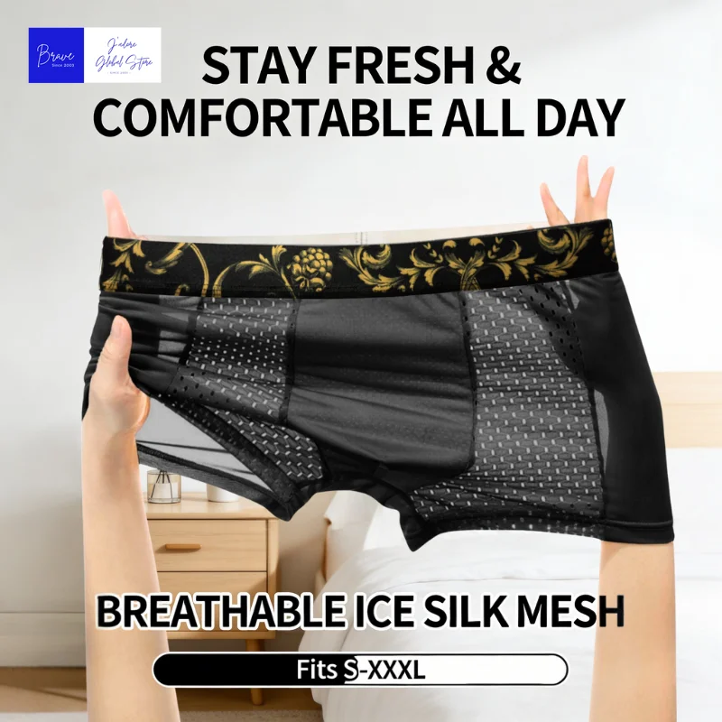 Men's Ice Silk BoxerBriefs Gold Floral Waistband Breathable Underwear Quick-Dry Skin-Friendly Sports Trunks Plus Size for Summer