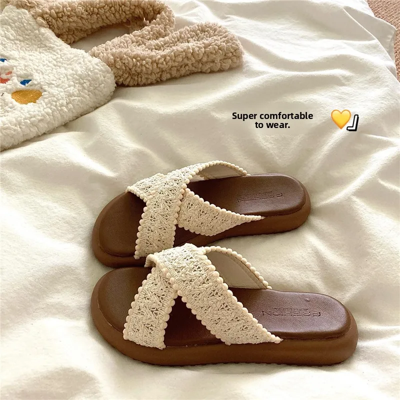 

Bohemian Island Style Thick Heel Slippers Women's Summer Outdoor Anti-Slip Beach Sandals Breathable Hollow out Slip-On Shoes