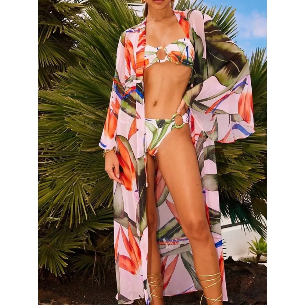 

Paradise Bird Bikini and Bandage Kimono Swimwear 2024 Newest Women Sexy Strapless Low Waist Bikini Summer Holiday Beachwear