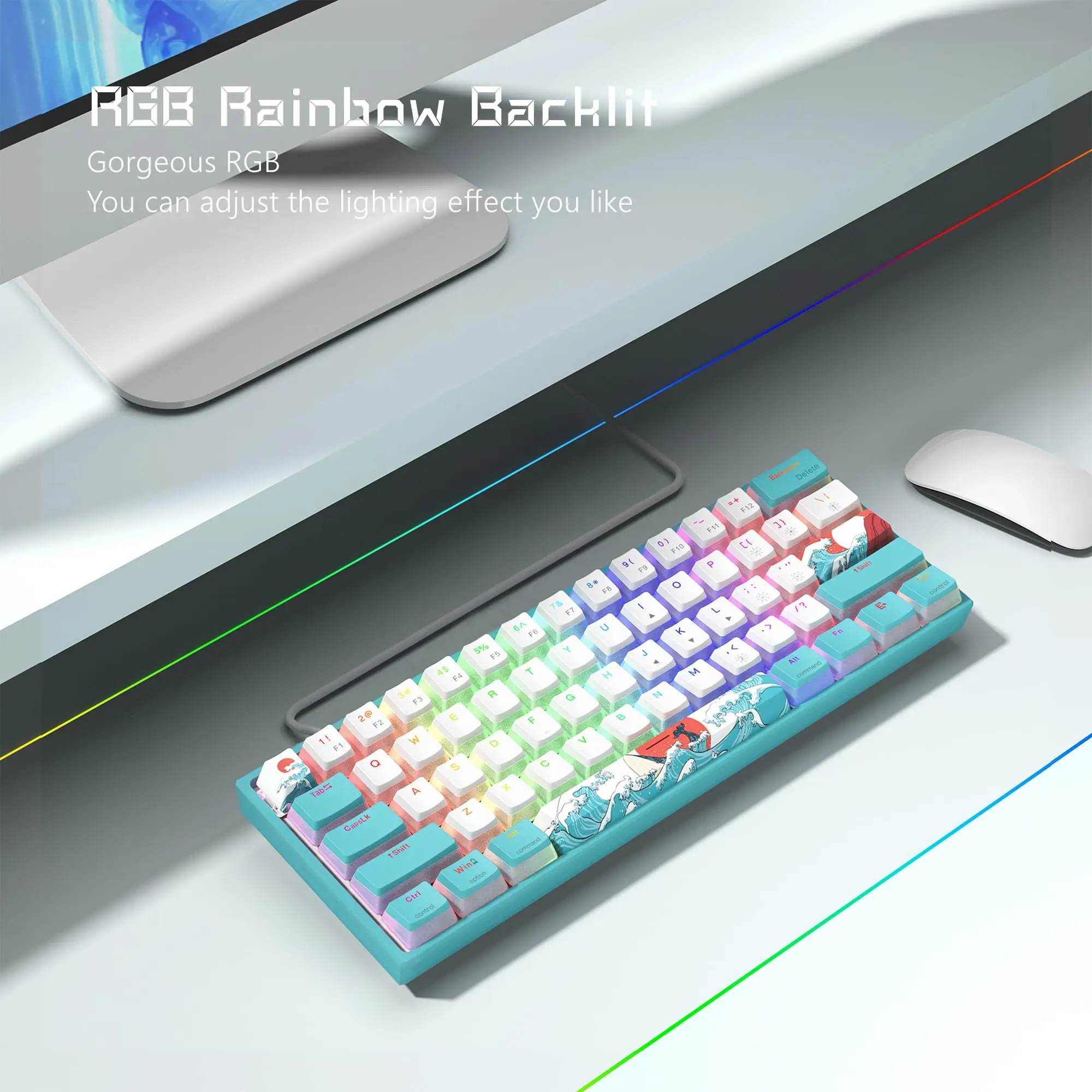 WOMIER WK61 Wired Mechanical Gaming Keyboard RGB Hot-Swappable Blue Coral Sea PBT Pudding Keyboard for Windows PC Desktop Gamer