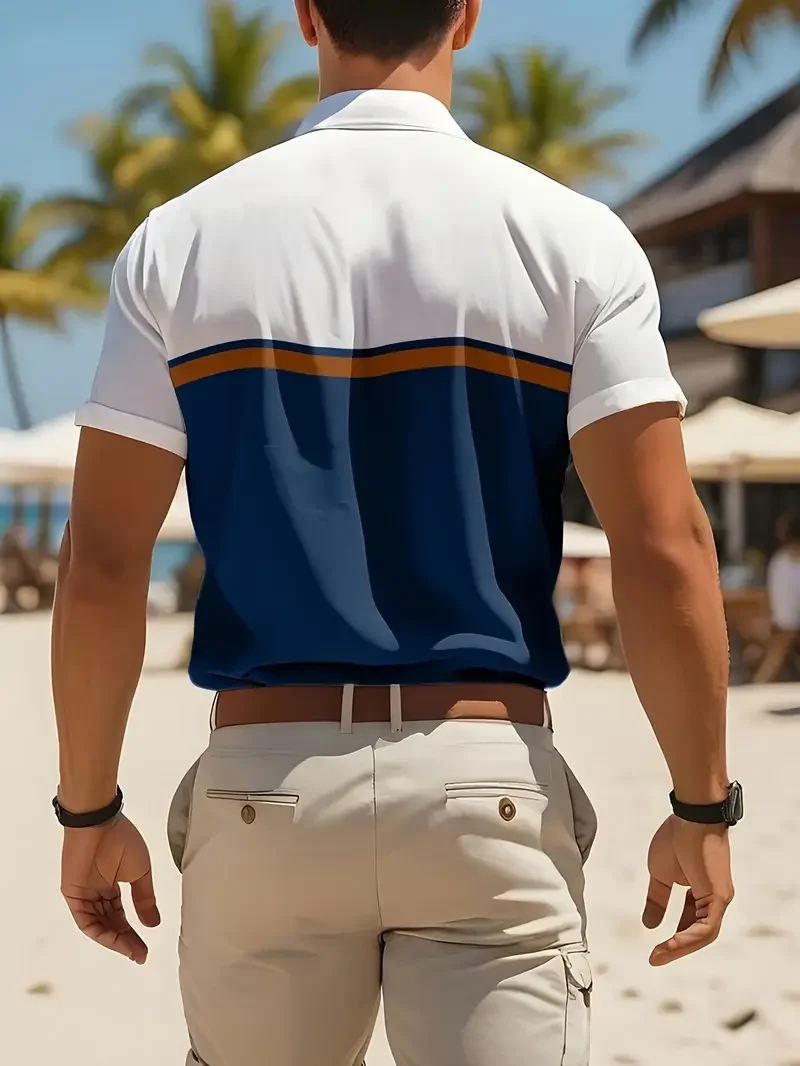 Men's color blocked summer short sleeved shirt, fashionable and casual Hawaiian vacation shirt, men's gift