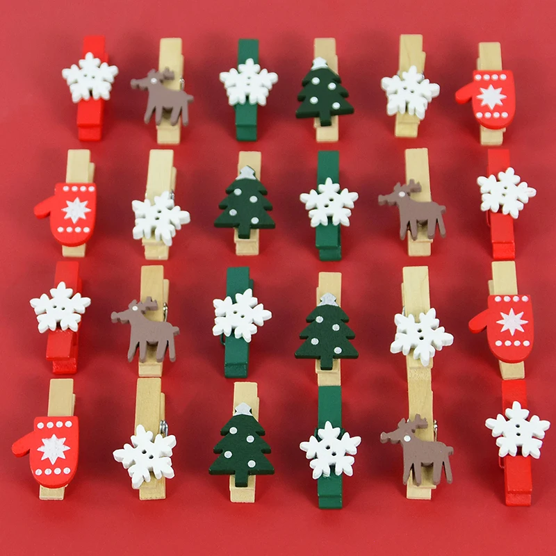 20pcs Christmas Wooden Clips Elk Snowflake Christmas Tree Gloves Wooden Clip Mini Clothes Photo Frame Nail Pin Clothespin Decor