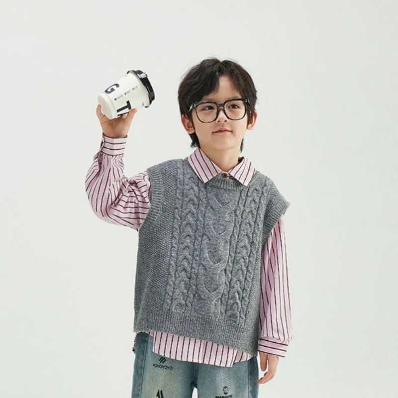 

Стильный однотонный клетчатый вязаный жилет для мальчиков, многослойный жилет с круглым вырезом для больших детей, детский вязаный свитер, жилет для наслоения тепла