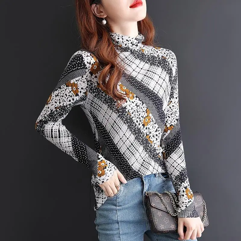 Autumn New Printed Sweaters Ultra-fine Wool Thin Long-sleeved Inner Wear Age-reducing Slim Fit Trendy Bottoming Shirt