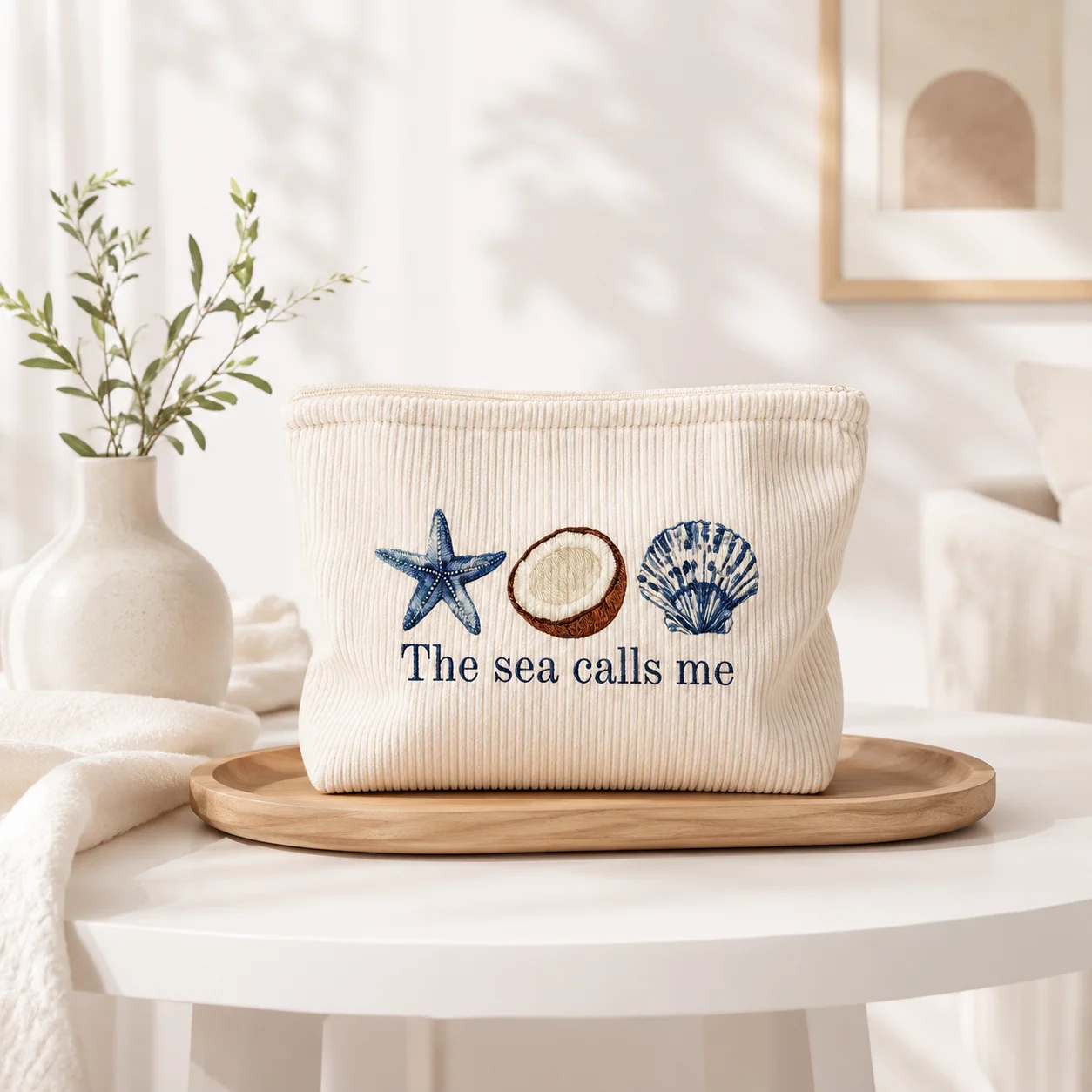 Sea Theme Cosmetic Bag Printing Corduroy Pouch Beach Vacation Makeup Organizer Travel Toiletry Bag Zipper Storage Case