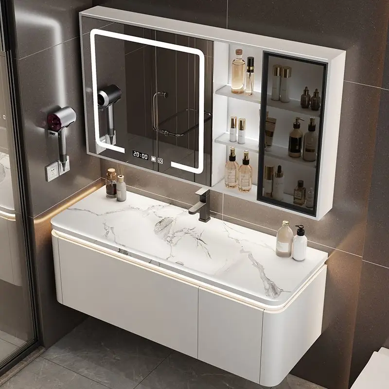

Smart Mirror Bathroom Cabinet Slate Hot Bending Integrated Basin Vanity Combination Storage Simple Bathroom Cabinet with Sink