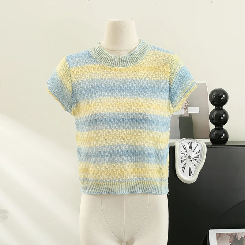 Summer Slim Girls Soft Knitted Tshirts Crop Tops Woman Gradient Striped Short Sleeve Tee T Shirt