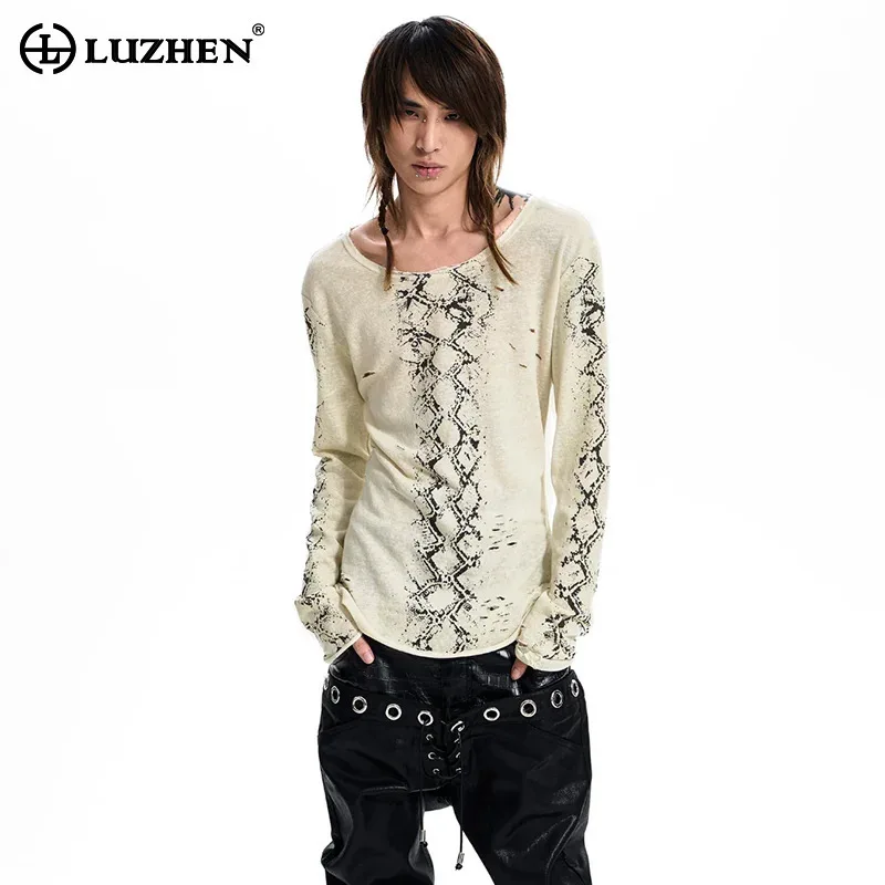LUZHEN 2026 New Snake Print Slim-fit Long-sleeve T-shirt Men's High Quality Pure Cotton Thin Round Neck Casual Tops Male JY9383