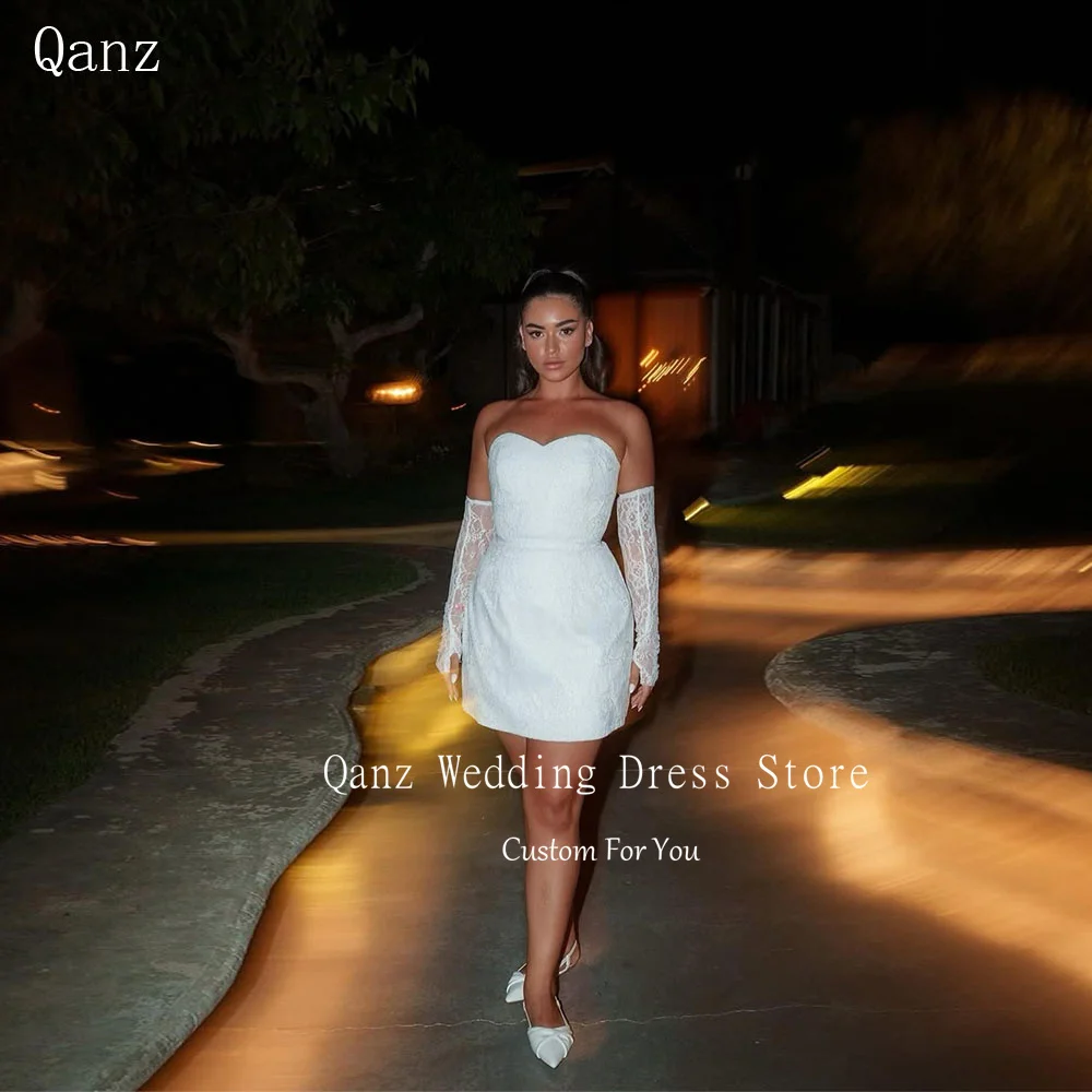 

Qanz White Lace Appliques Wedding Dresses Sweetheart Mini Vestidos De Novia Removable Sleeves Short Bridal Gowns Customized
