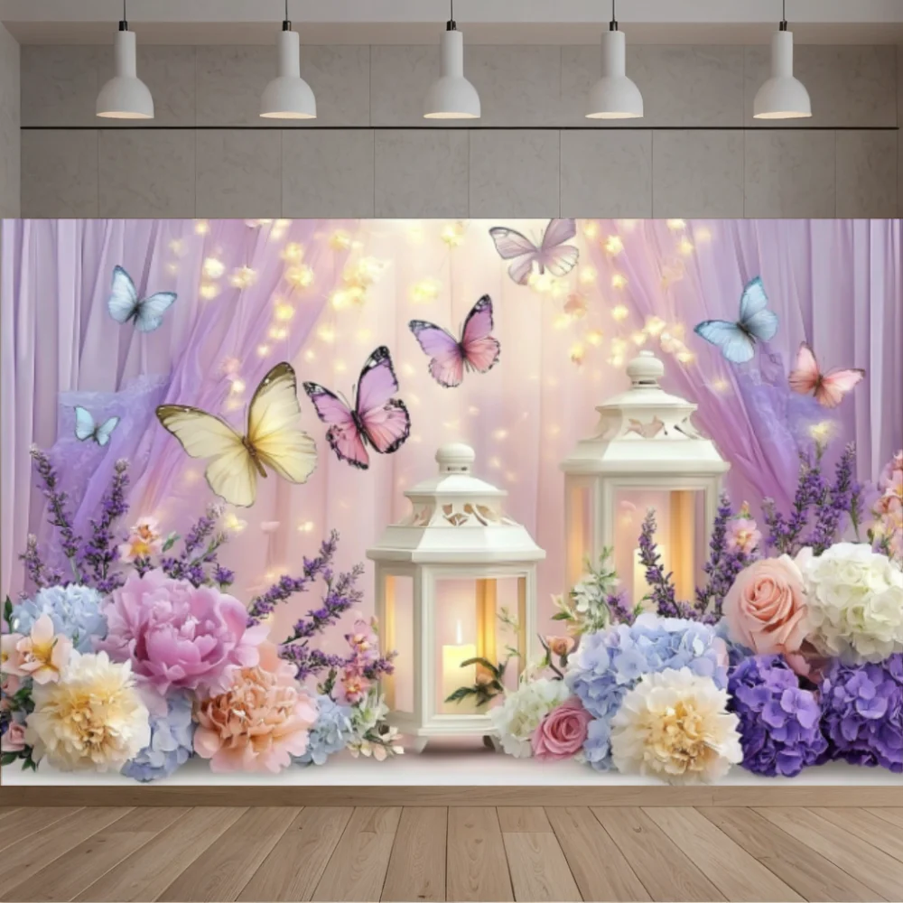 Purple Butterfly Floral Photography Backdrop Polyester DIY Party Decor Banner for Brides' Baptism Birthday Party Background Prop