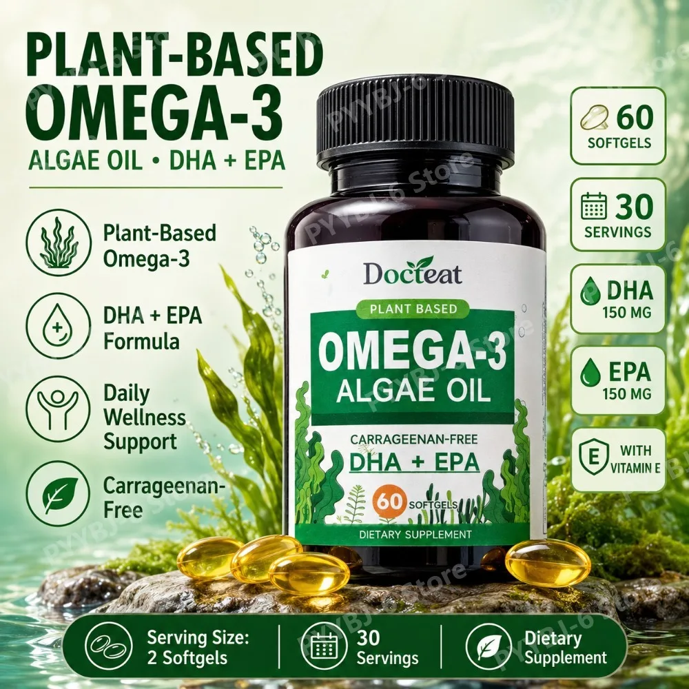Plant-Based Omega-3 Algae Oil Softgels DHA EPA Supplement 60 Counts Vegan Daily Wellness Support Carrageenan-Free Vitamin E