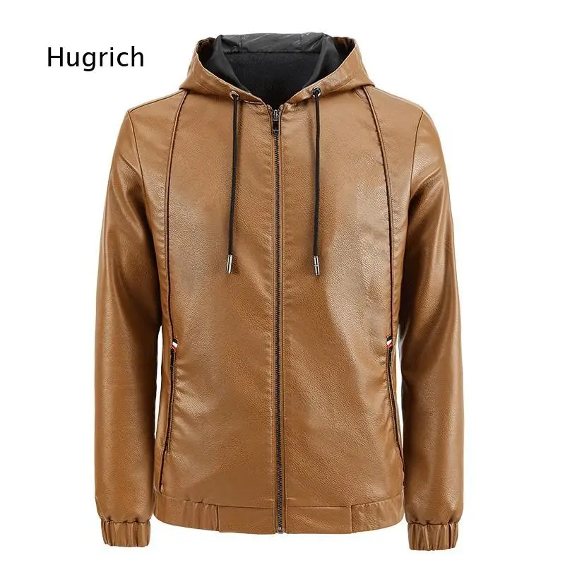 Mens Hooded Faux Leather Jacket Slim Fit Korean Biker Style Casual Outerwear For Daily Commute Motorcycle Activities And Cross B