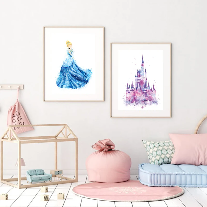 Watercolor Disney Princess Castle Print Cinderella Cartoon Poster Magic Kingdom Art Canvas Painting Baby Girls Room Wall Decor