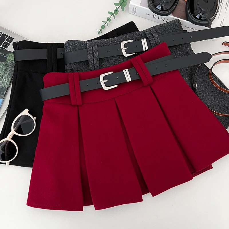 レッドウールプリーツショートスカート レディース 秋冬 ハイウエスト スリム 厚手 ハーフスカート 反射防止 Aラインスカート ベルト付き