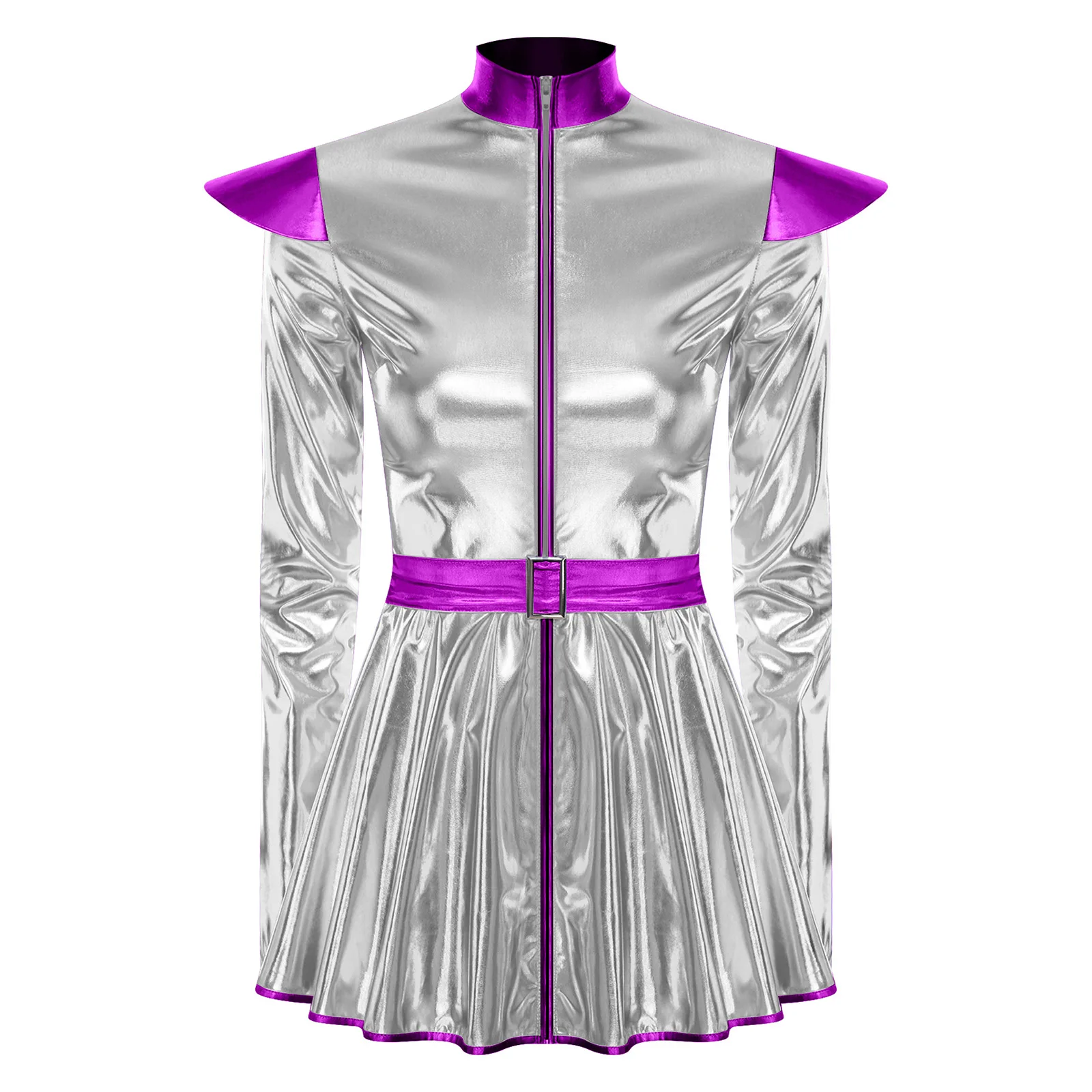 

Women Halloween Alien Cosplay Costume Long Sleeves Dress with Belt Shiny Metallic Outer Space Alien Robot Role Play Fancy Dress