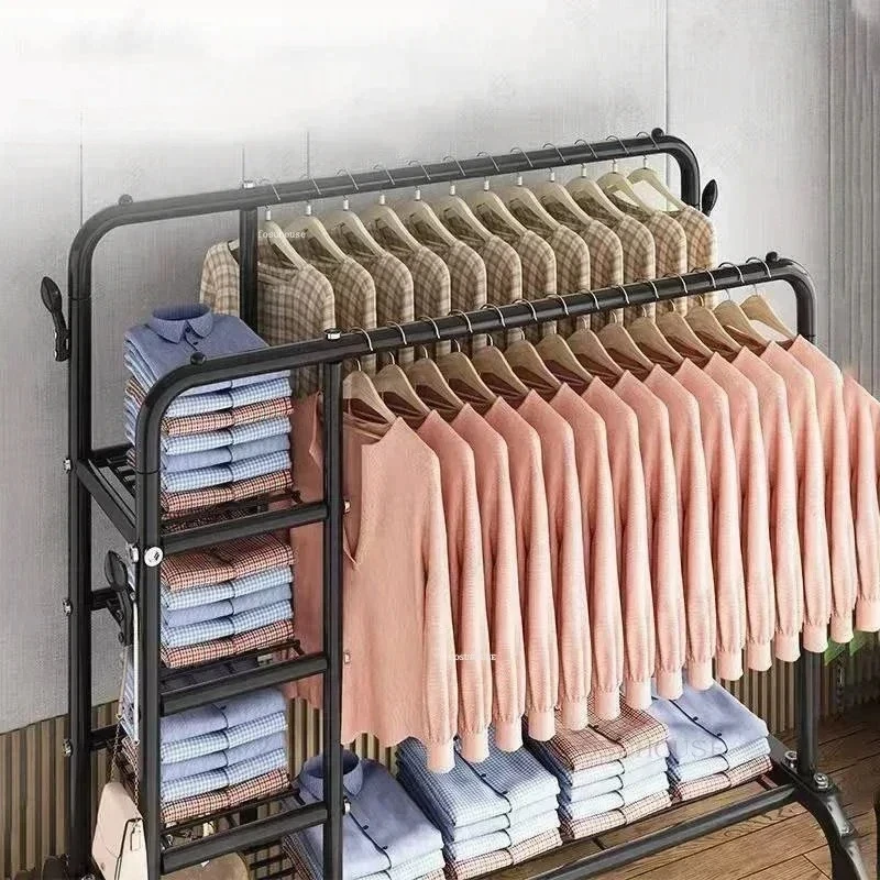Home Clothes Hanger Rack Living Room Coat Racks Balcony Folding Double Row Laundry Stand Large Capacity Storage Shelf