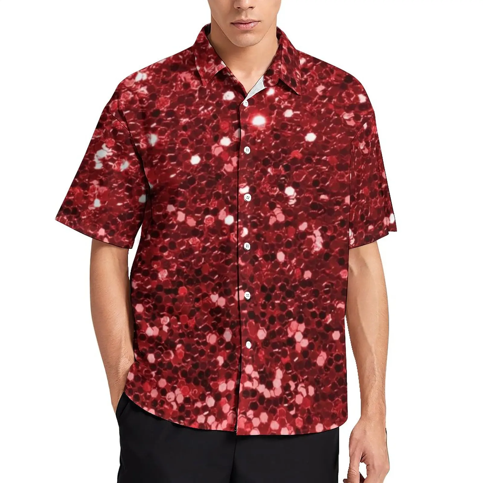 Chemise Décontractée à Paillettes Rouges pour Homme, Manches Courtes, Imprimé Bling, Rotterdam, Harajuku