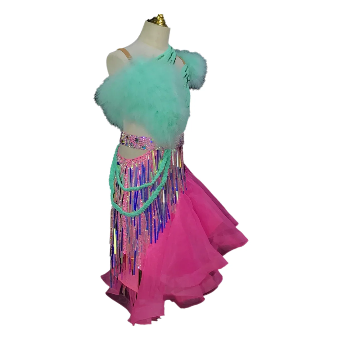 Latin Dance Adult And Children's Dress AB Diamond High-End Custom Contrasting Sequin Tassel Professional Dance Costume
