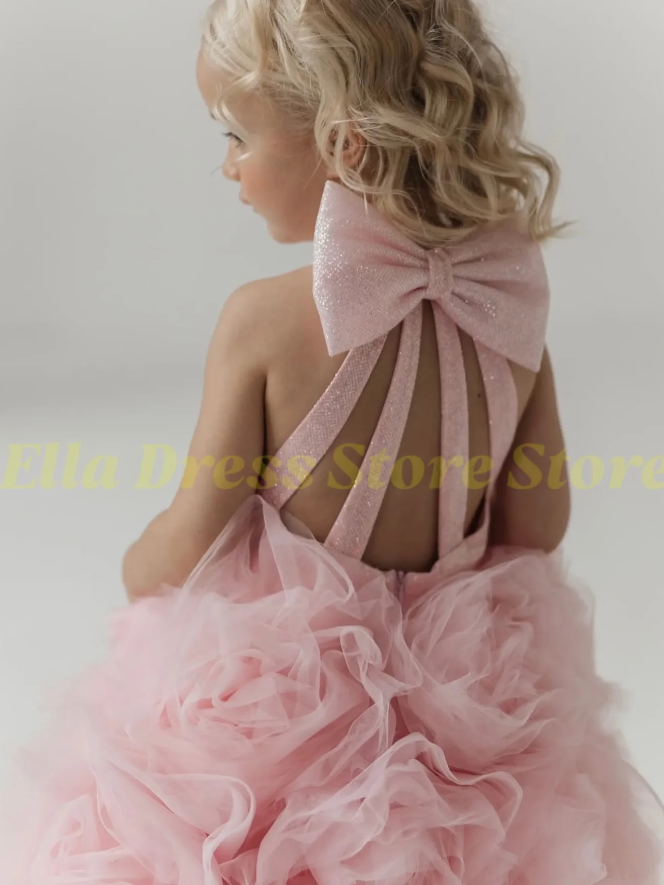 Maßgefertigtes Großhandels-Luxuskleid für Blumenmädchen, Hochzeit, Festzug, Rosa Glänzendes 3D-Rosen-Tüllkleid für Geburtstag, Gast, Formelle Laufsteg-Show, Ballkleid – Detail 2