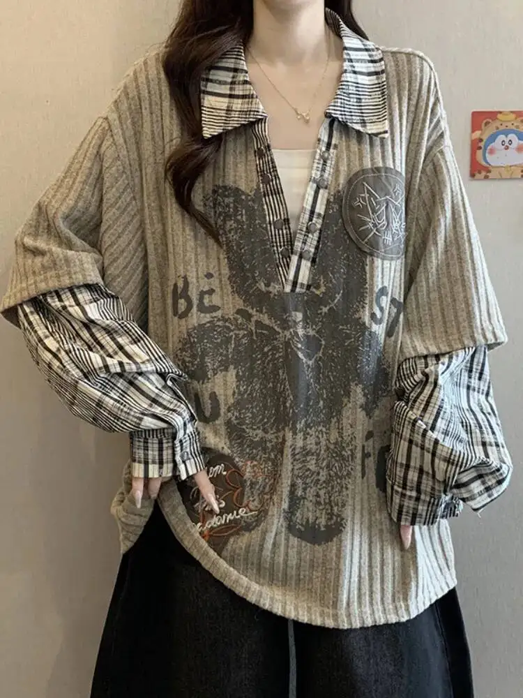 حجم كبير قمصان وهمية قطعتين طويلة الأكمام 2026 ربيع المرأة الحلو كول مطبوعة فضفاض الهيب هوب الخامس الرقبة القمصان