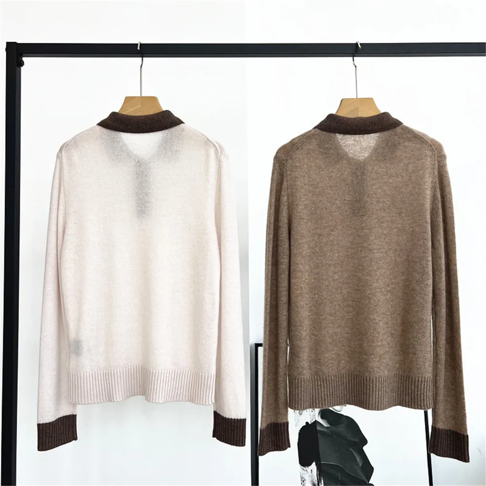 25 초가을 새로운 여성 폴로 칼라 세트 헤드 버튼 긴 소매 대비 느슨한 스트레이트 튜브 캐시미어 니트 탑