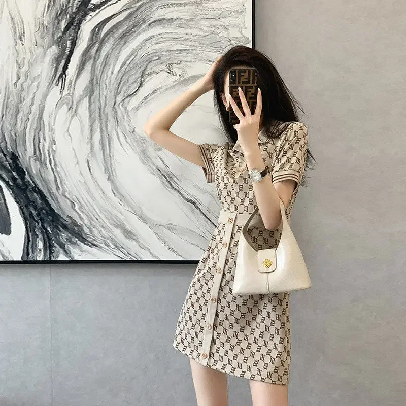 Khaki Dresses for Women 2024 Short Mini Woman Dress Clothes Printing Cotton Korean Style Fashion New Features of Luxury Xxl Sale