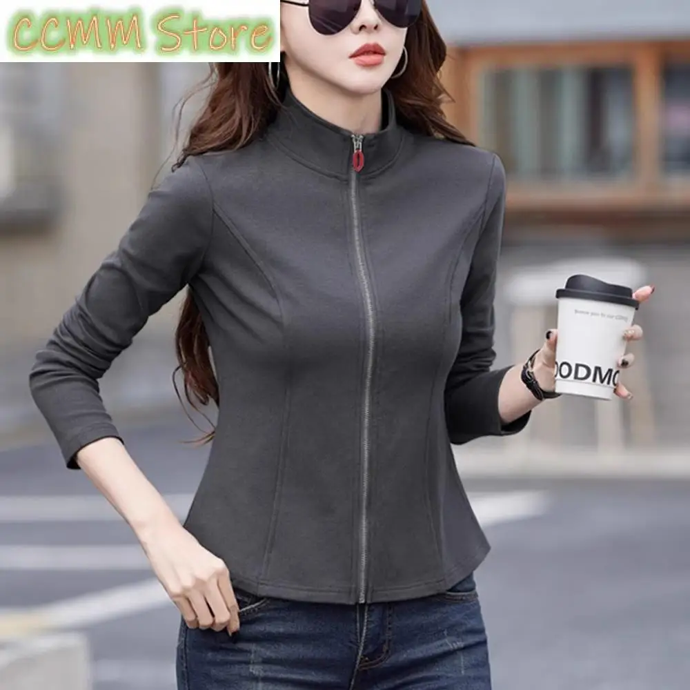 Bawełniana koszulka z długim rękawem dla kobiet, wiosenno-jesienna moda, koreańska wersja, stójka, luźny kardigan, zapinany na zamek, casual.