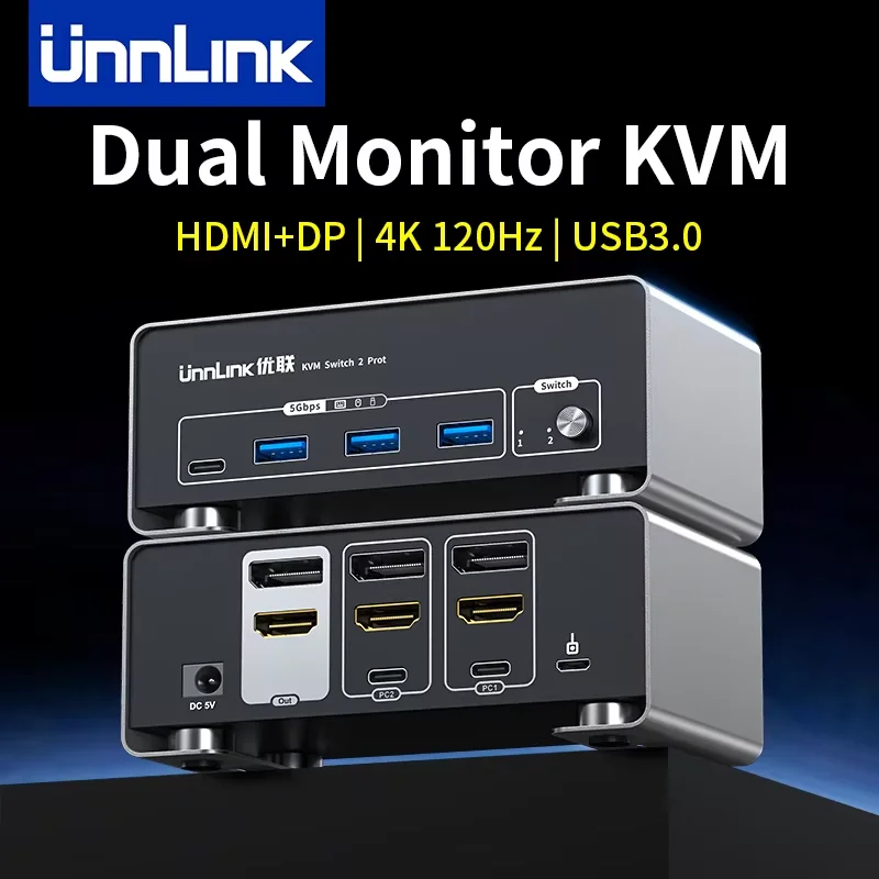 Unnlink 4K 120Hz HDMI + DP Dual Monitor KVM Switch 2 Monitor 2 Computer 8K 60Hz with USB 3.0 for Win/Mac PC Share Mouse Keyboard