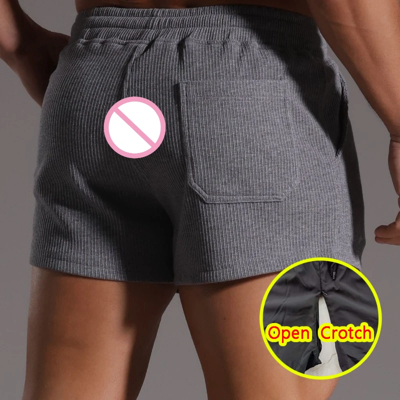 Men's Vertical Stripes Open Crotch Casual Shorts Outdoor Play Easy Beach Style Mini Bottoms Male 4XL Gay Sissy Lounge Aro Pants