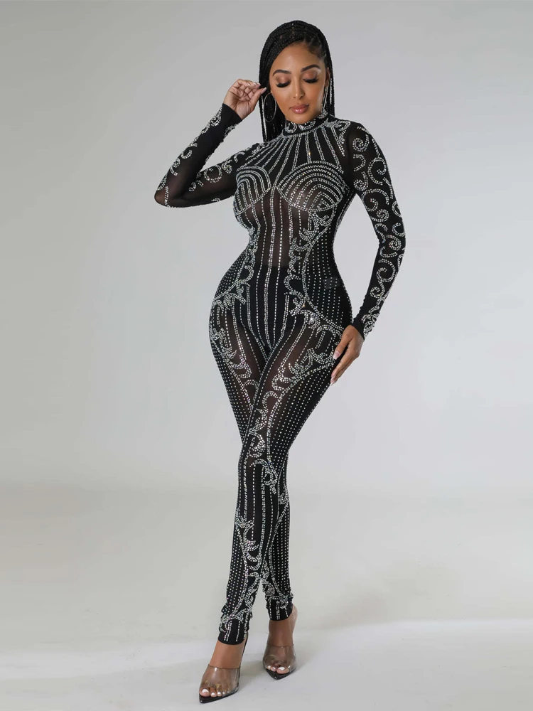 Perspective Shining Hot Diamond Long Sleeved Party Nightclub Jumpsuit Women's Long Sleeved Round Neck Zipper Solid Color Pants