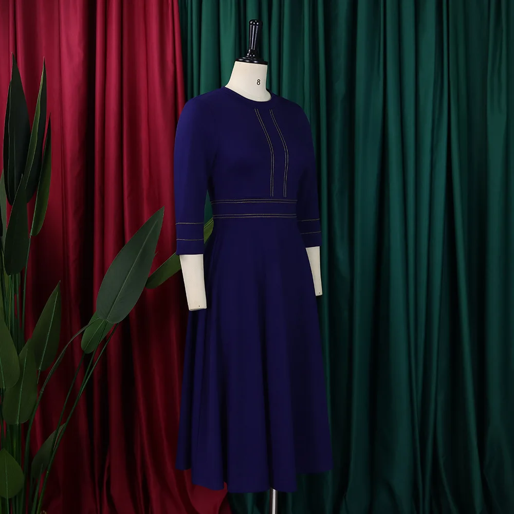 JENYAGE Damen Einfarbiges Dehnbares Kleid mit Stehkragen, Goldener Paspelierung, 3/4-Ärmeln, A-Linie, Midi-Länge, Elegantes Büro- und Partykleid in Übergröße – Detail 12