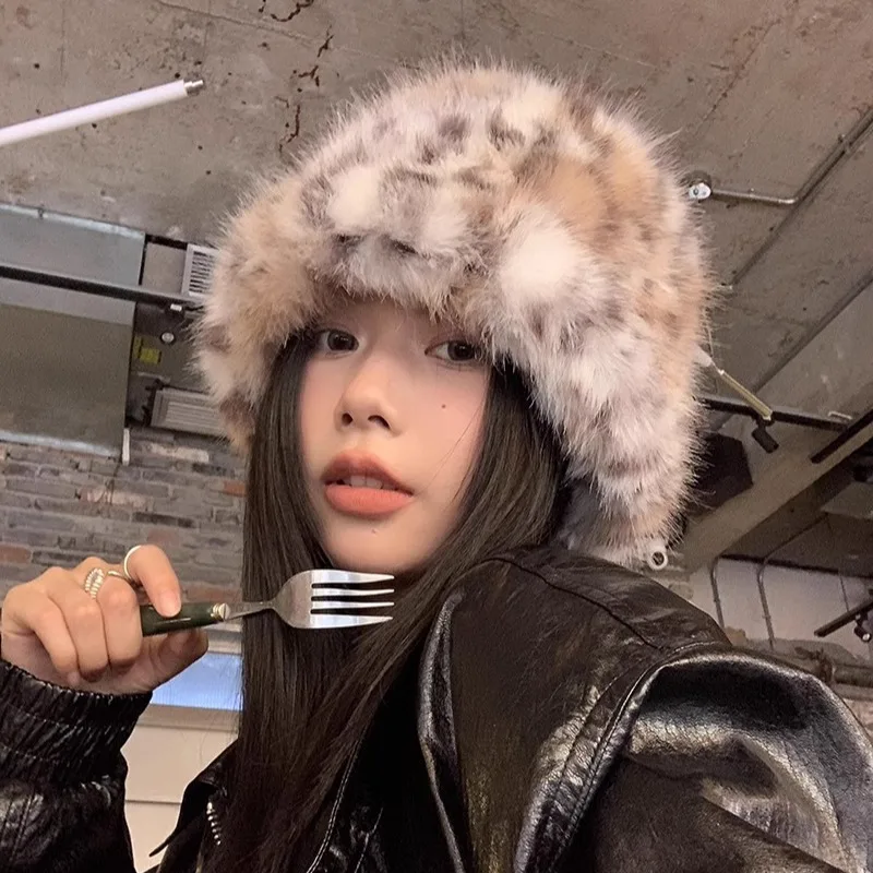 Faux Fur Leopard Bucket Hat for Women Winter Warm Hats Men Fisherman Cap Luxury Ear Protection Plush Panama for Girls
