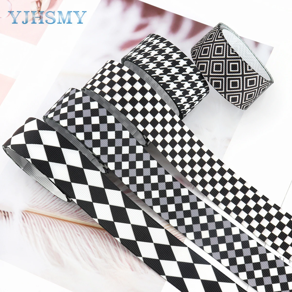 1 Inch Plaid Grosgrain Ribbons Black and White Diamond Check Ribbon, 5 Yards for DIY Craft Wrapping Bow Home Party Decor