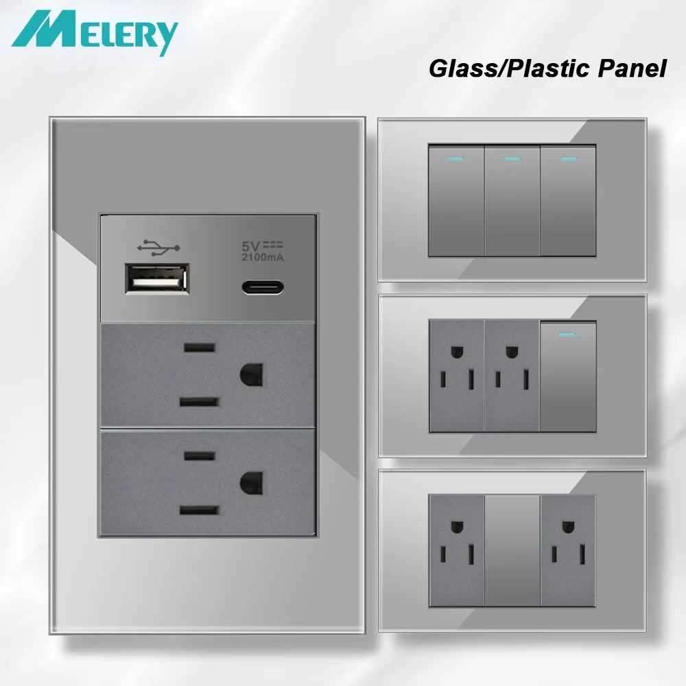 

Настенная розетка Melery US, двойной выключатель USB типа C, серая розетка из стекла/пластика, электрическая вилка для температуры, домашний офис