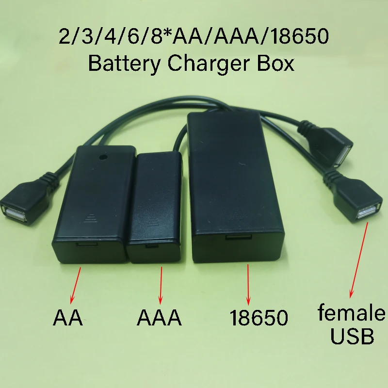 1PCS Portable AA/AAA/18650 USB Direct Charging Case 2/3/4/6/8 Sections USB Battery Charger Box With Lid And Switch Female USB
