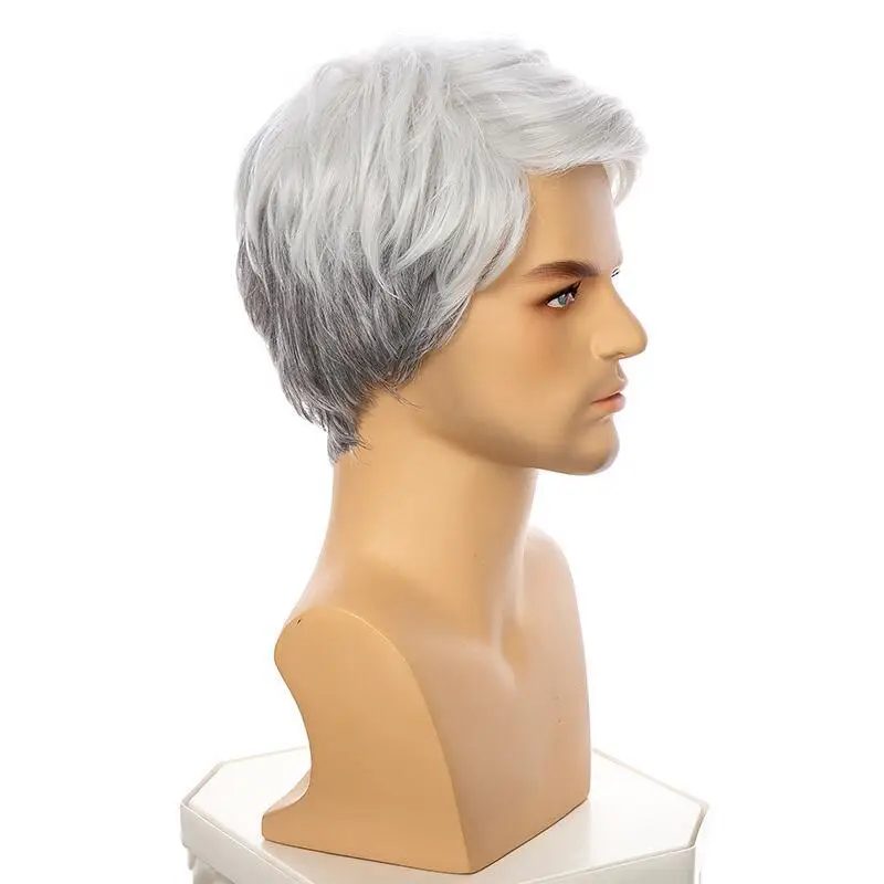 شعر مستعار اصطناعي قصير مستقيم بقص عابث رمادي وأبيض متدرج مع غرة للرجال للحفلات التنكرية اليومية شعر مستعار مقاوم للحرارة #3
