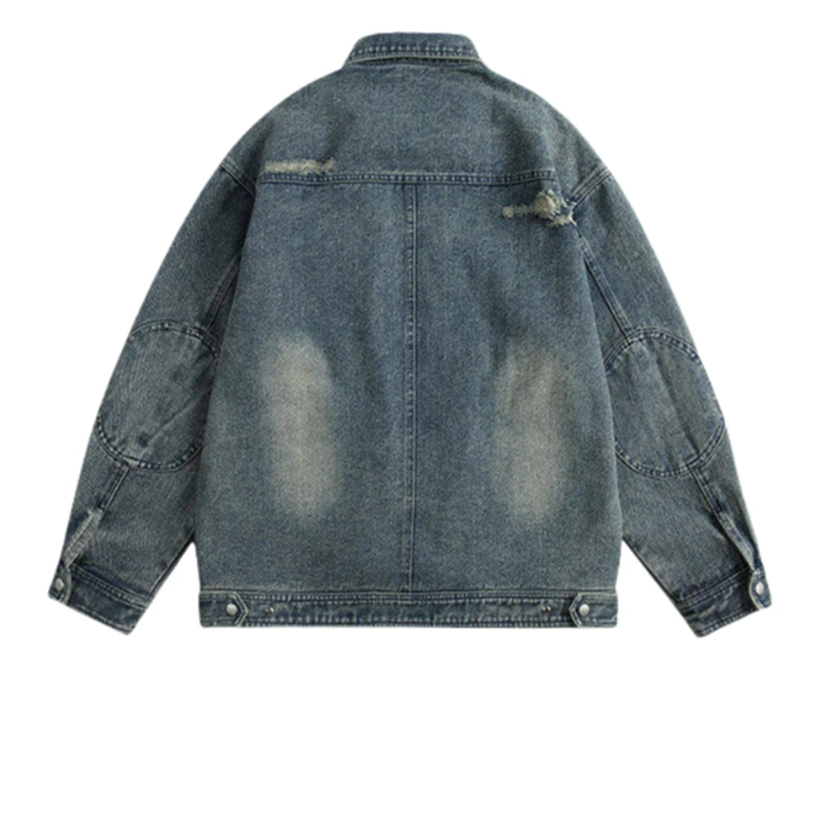 Vintage Ripped Hole Denim Jackets Mens Streetwear Punk Y2k Cargo Coats Harajuku Loose Casual Multiple Pockets Jeans Jackets Male