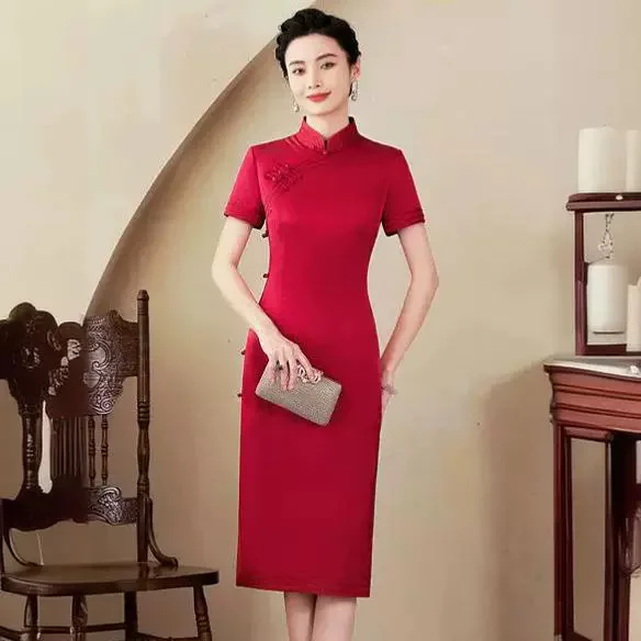 Red High-End Quality Real Silk Cheongsam Qipao Summer Women's Wedding Reception Clothes Chinese Dress Chi-Pao