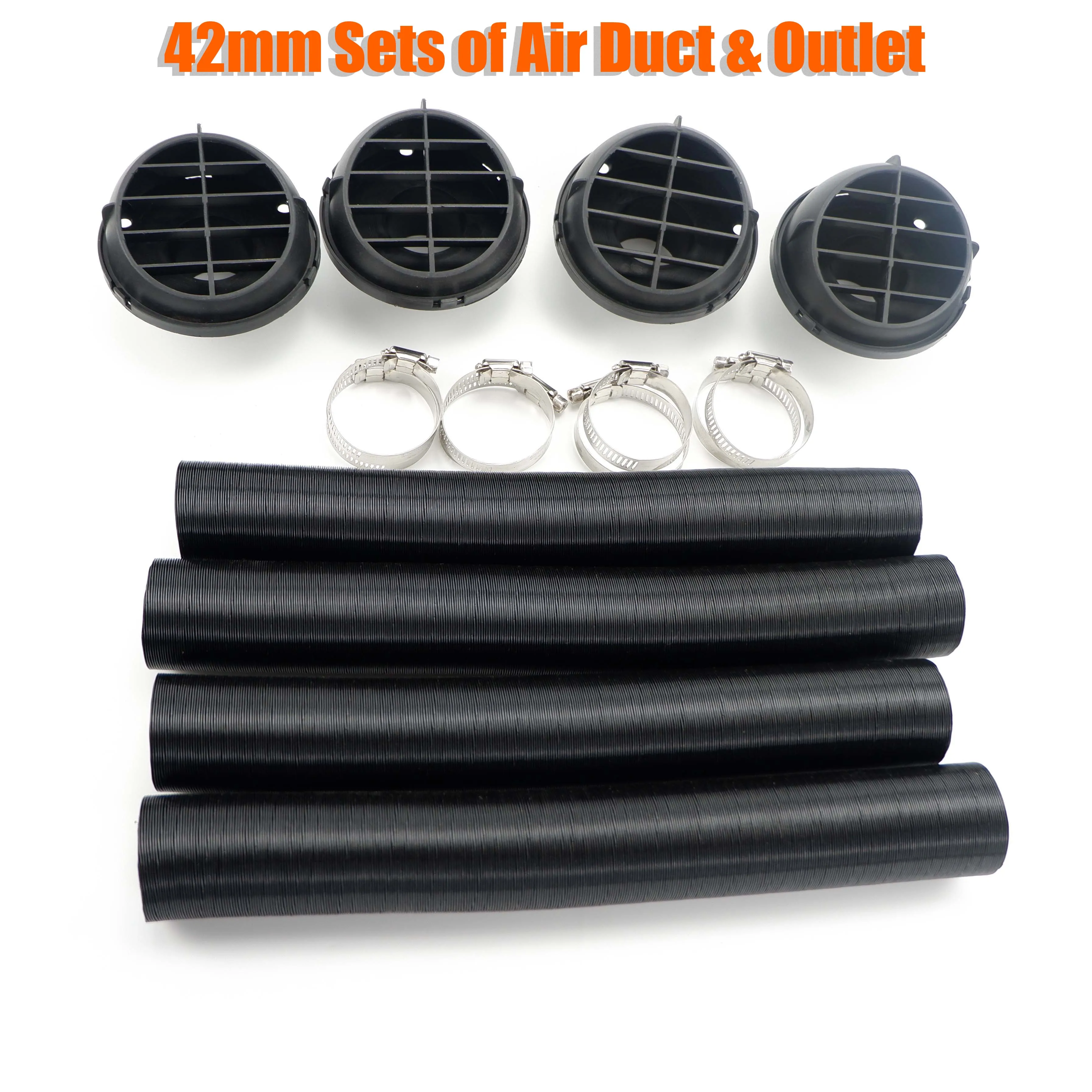 42mm Diesel Heater 4x Air Outlet & 4x Duct Pipe Warm Black & 8x Clamps Set For Car Truck VAN Camper