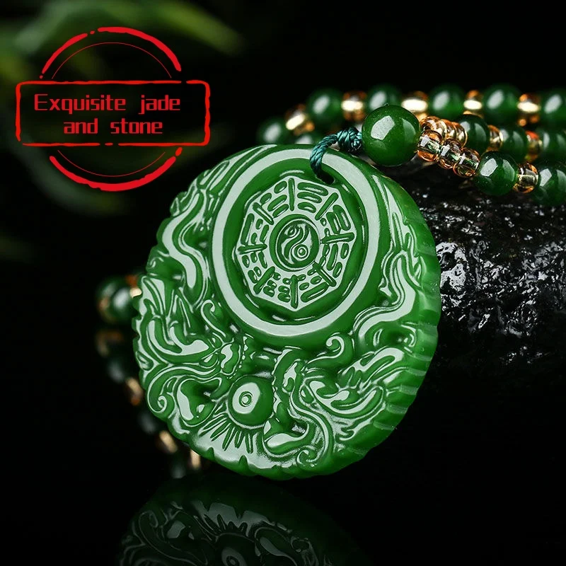 Spinach Green Dragon and Phoenix Gossip Pendant Avalokitesvara Buddha Dragon Pendant Necklace for Men and Women Couple