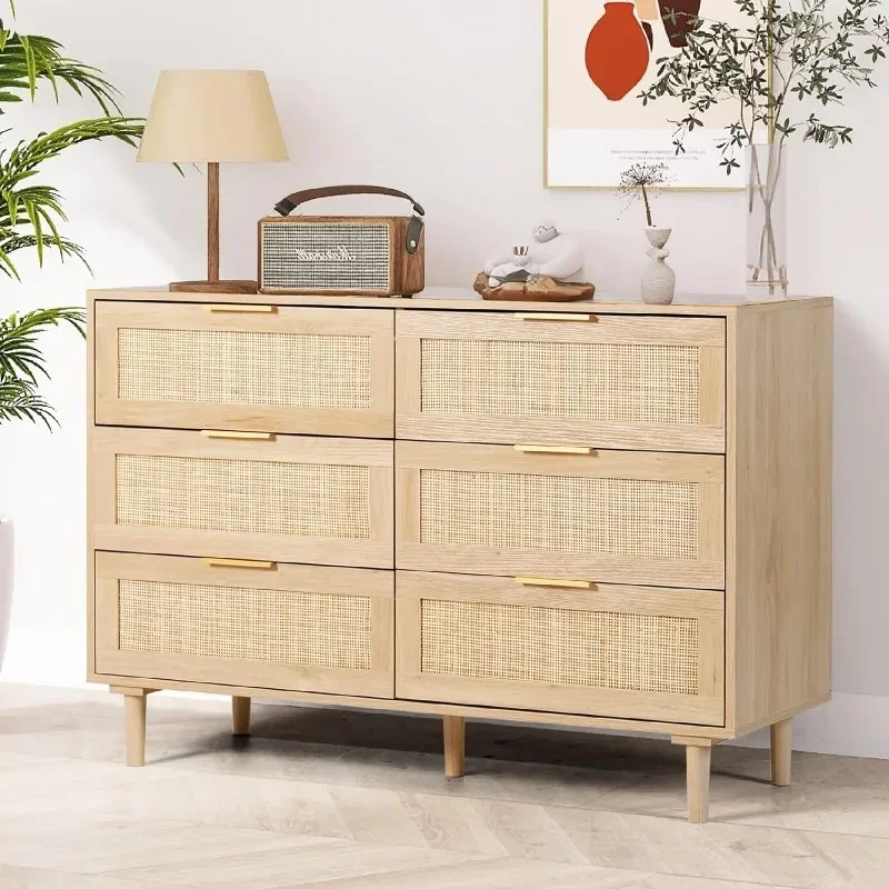 Commode en rotin pour chambre à coucher, commode moderne double 6 MELDouble avec foy doré, commode de rangement en bois, portes de proximité pour chambre à coucher, naturel