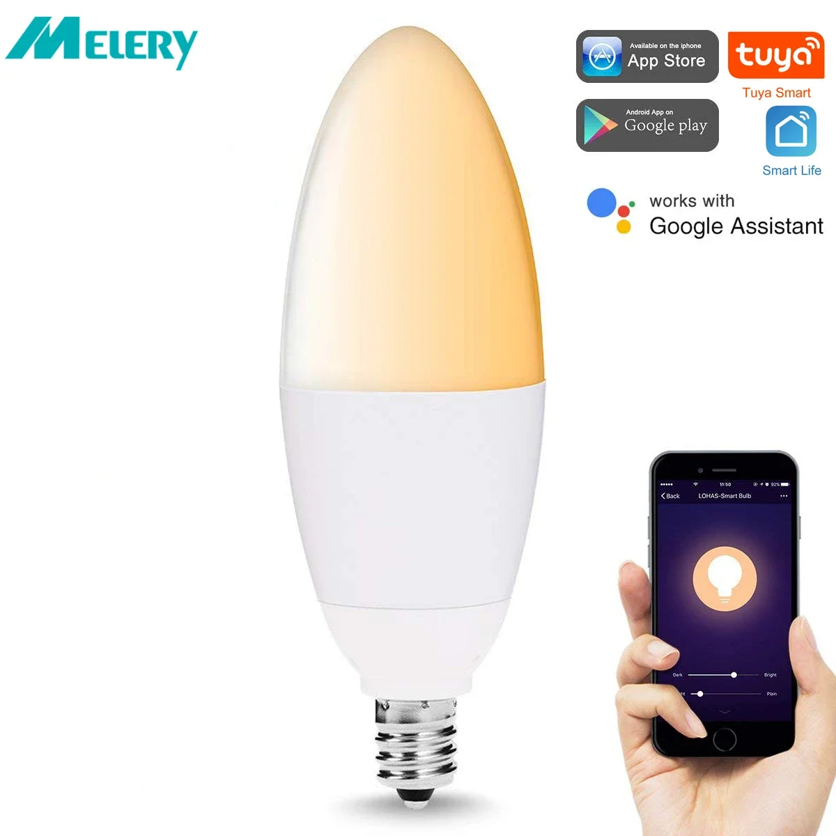 E14 Tuya WiFi Smart LED Bulb Base 2000-6000K Lamp Candelabra 40W Equivalent Light Timmer Control by Alexa Google Home Assistant