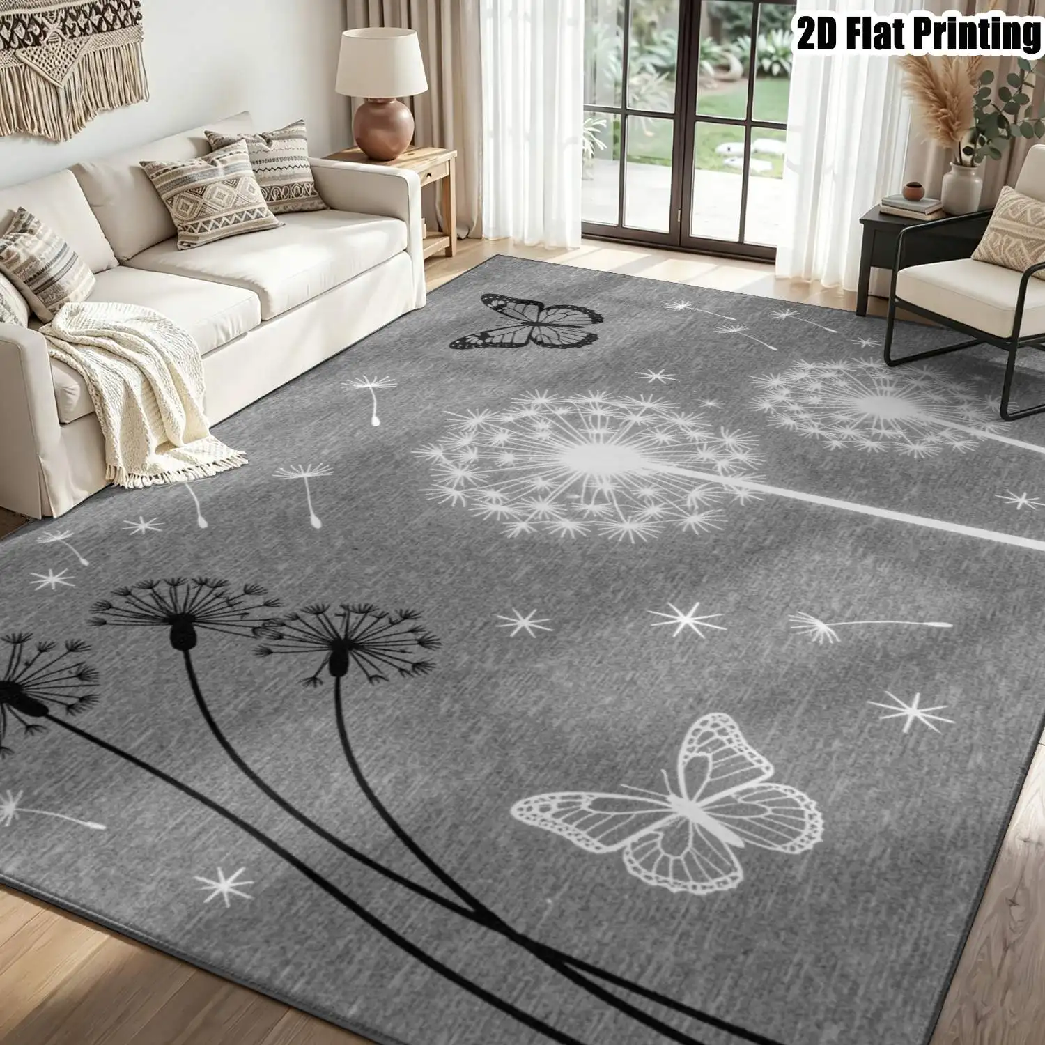 1Pc 2D Printed Gray-White Dandelion Butterfly Carpet, Instagram/Nordic Style Floor Mat, Washable, Multi-Size, Home Decor for Entrance/Dining/Bedroom/Living Room Etc