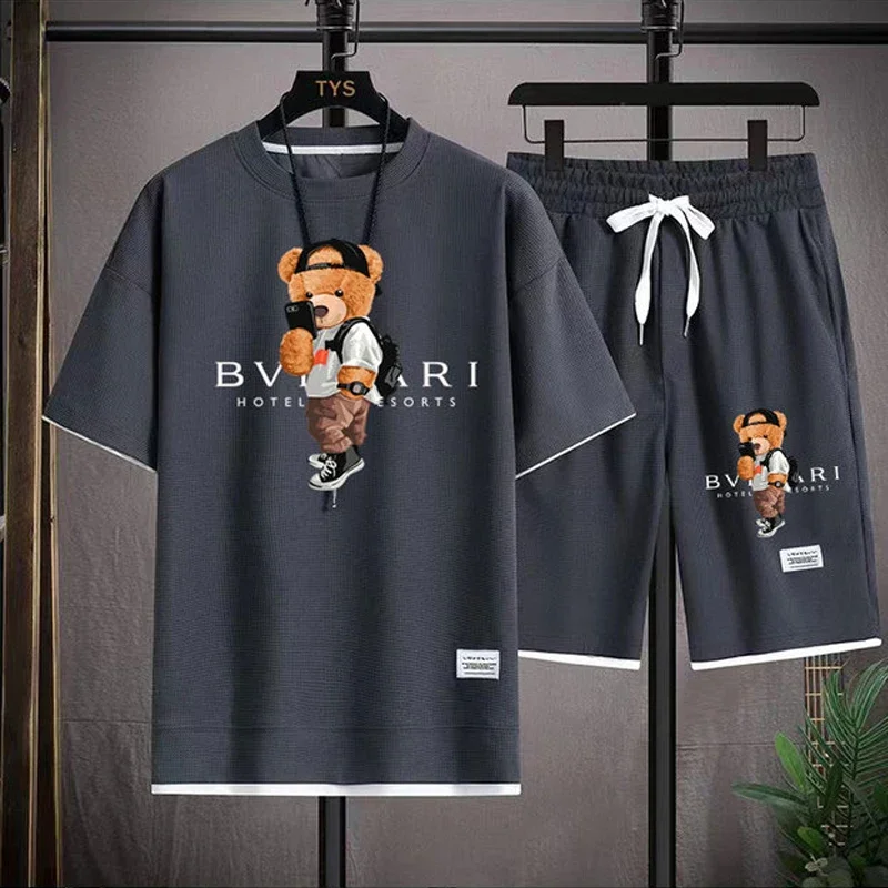 2026 Summer New Men's Leisure Fashion Breathable Quick-Drying Loose Short-Sleeve T-Shirt and Shorts Sports Two-Piece Set view 3