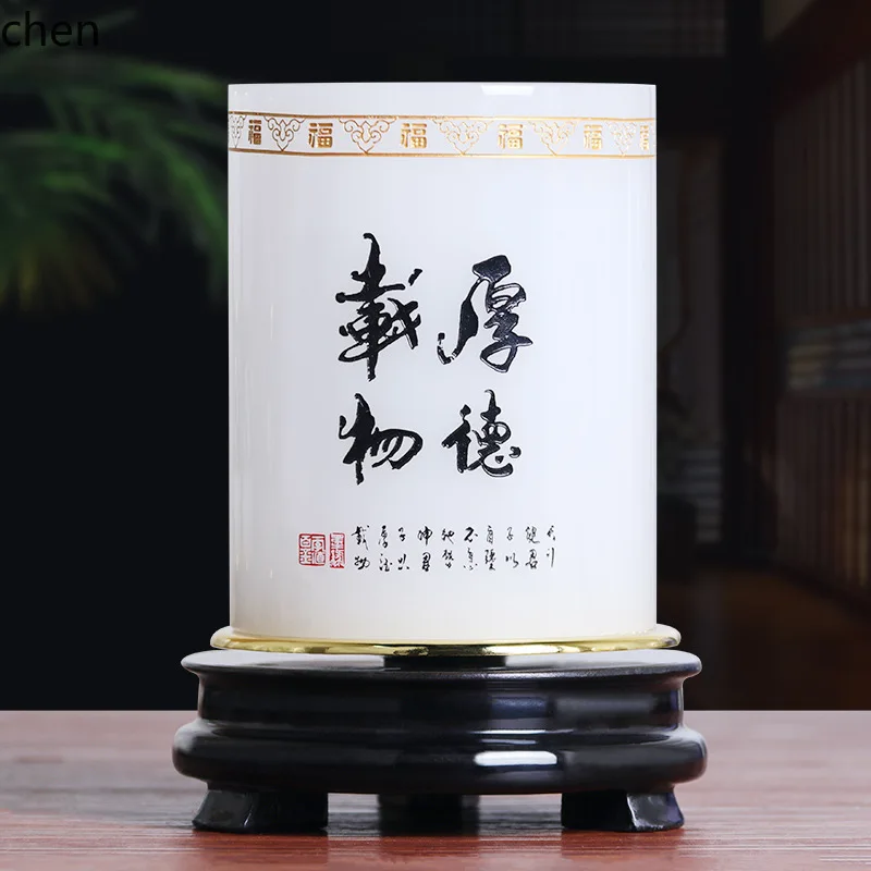Office Decoration High-end Glass Jade Pen Holder Desk Ornament Company Housewarming Opening Gift