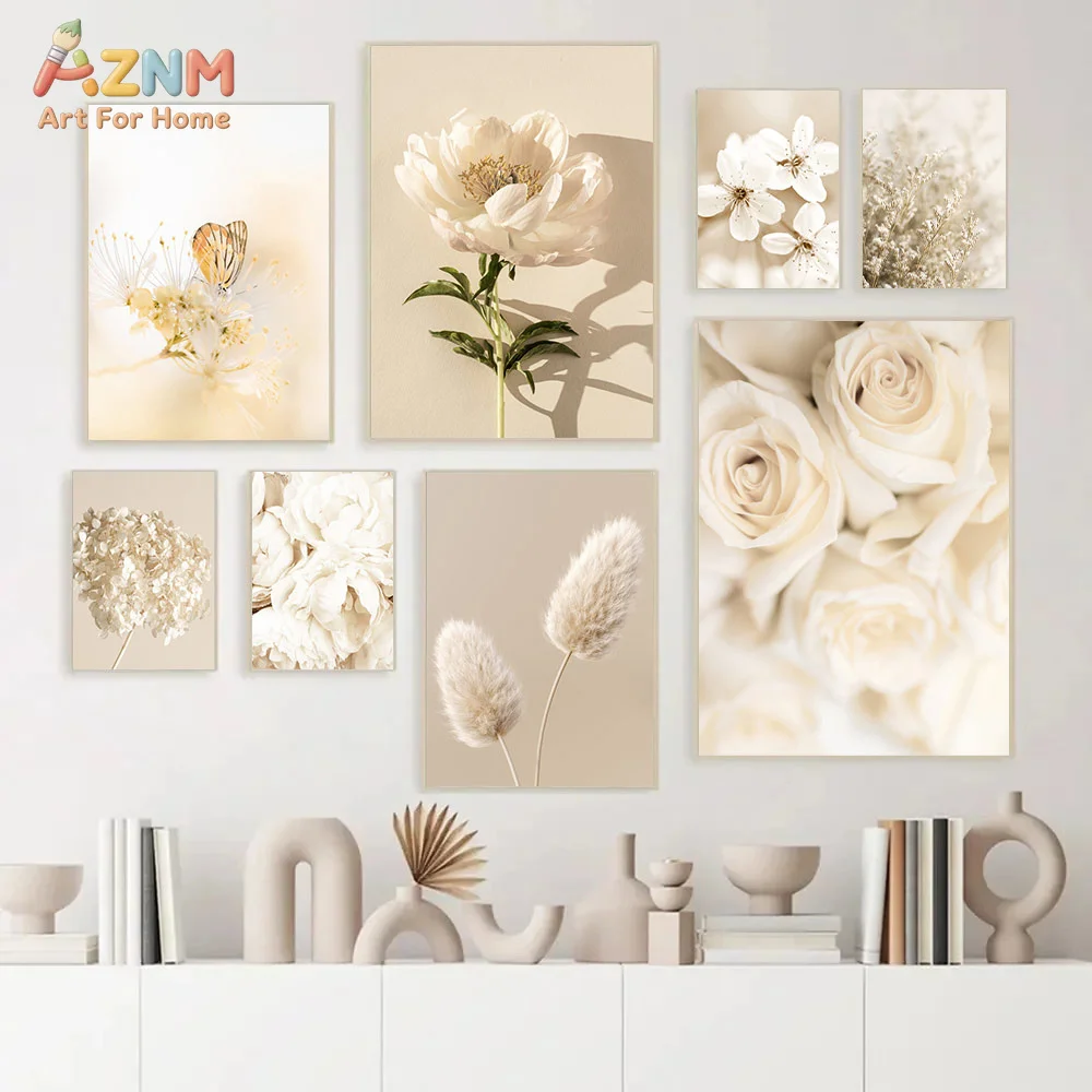 AZNM Neutral Beige Floral Canvas Wall Art White Rose Peony Dried Flower Butterfly Boho Nature Art Print Frameless Canvas Paintin